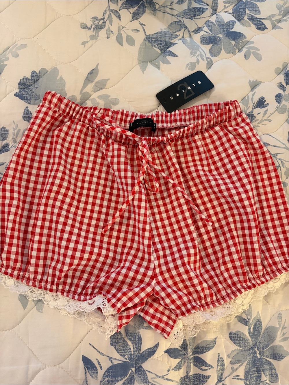 Gingham Lace-Trim Red Sleep Shorts by 21 SAINTS